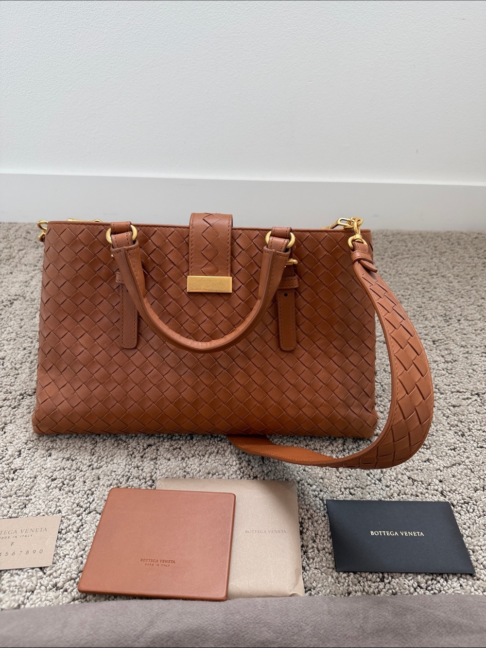 Bottega Veneta Tan Intrecciato Leather Satchel with Gold Hardware - Picture 5 of 8